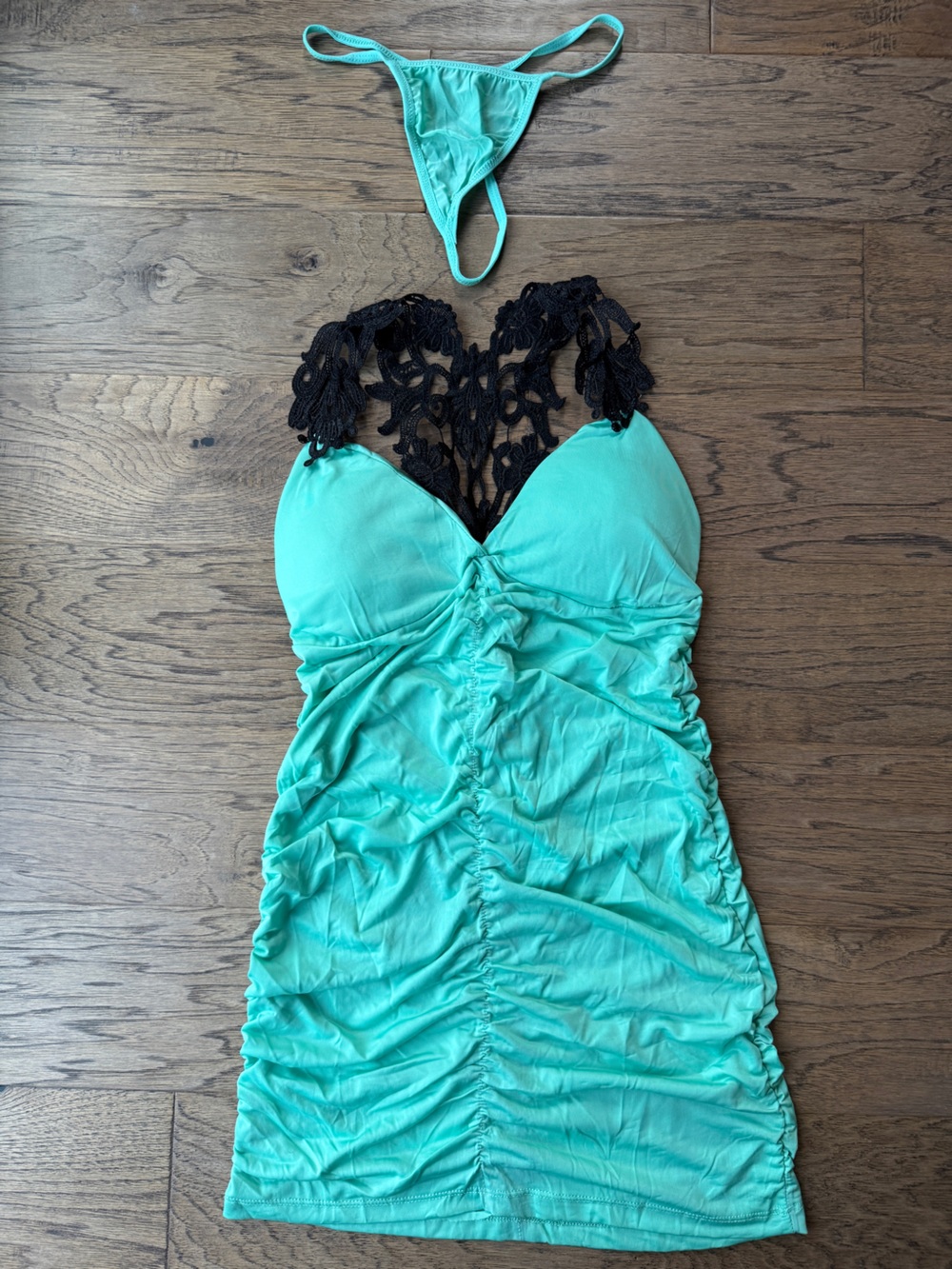 Turquoise Ruched Dress with matching underwear
